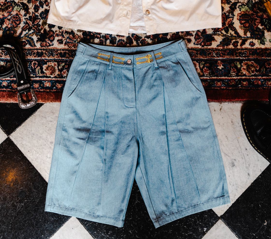 Pleated Denim Shorts